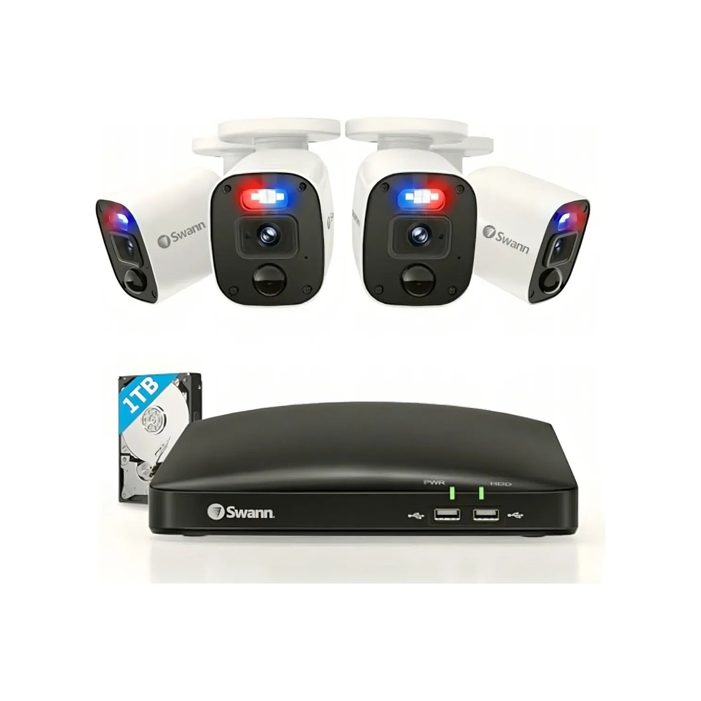 Sistema de Seguridad Swann Enforcer 8 Canales con 4 Cámaras HD + DVR 1 TB – Protección Completa para Tu Hogar o Negocio